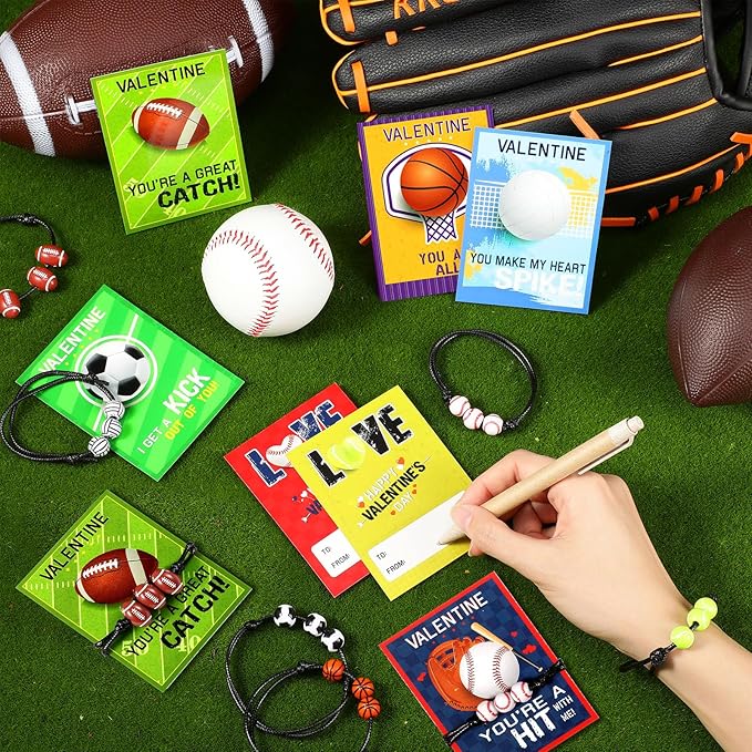 36 Pack Valentines Day Sports Gift Set Include Sports Valentine's Day Cards Adjustable Sport Party Charm Bracelet for Classroom Exchange Prizes Kids Party Favor Teens Adults Sports Team Greeting Favor