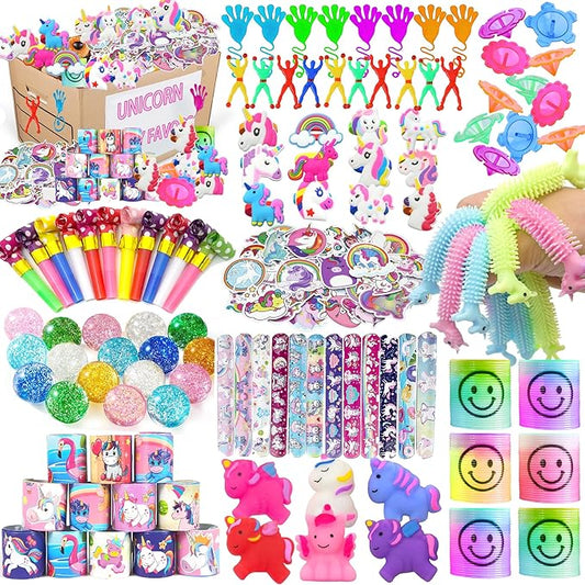 Unicorn Party Favors Unicorn Figures Goodie Rainbow Elastic Ball Bracelets Stickers Gifts Pinata Filler Bulk Toys for Unicorn Party Girl Kid Birthday Party Stuffers Supplies (Style 01)