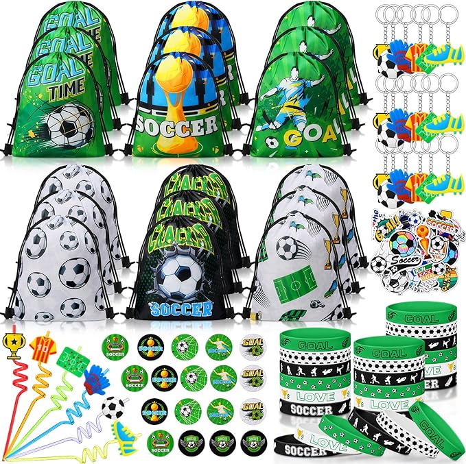 Sadnyy 140 Pcs Soccer Party Favors Birthday Party Decorations Supplies Drawstring Bags with Silicone Bracelets Keychains Straws Button Pins Stickers for Classroom Rewards Goodie Bags Stuffers
