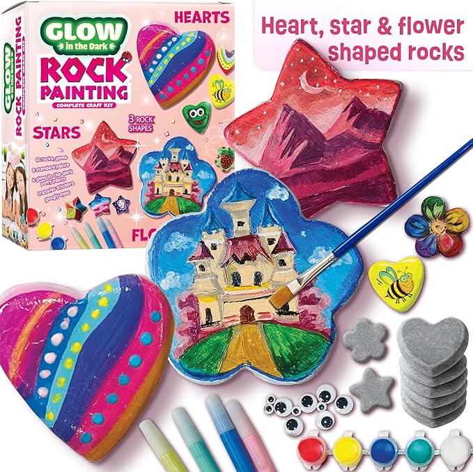 Heart, Flower & Star Shaped Rocks - Glow in The Dark Rock Painting Kit for Kids - Arts & Crafts Toys for Kids Ages 6-12 - Valentines Day Craft Kits - Birthday Gifts for 6 7 8 9 10 11 12 Year Old Girls
