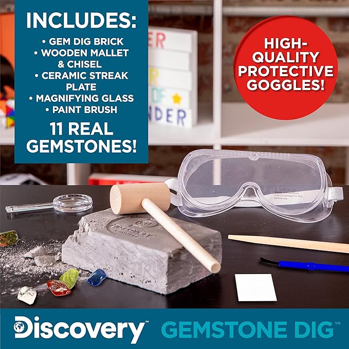 Discovery Kids Gemstone Dig Stem Science Kit by Horizon Group Usa, Excavate, Dig & Reveal 11 Real Gemstones, Includes Goggles, Excavation Tools, Streak Plate, Magnifying Glass & More