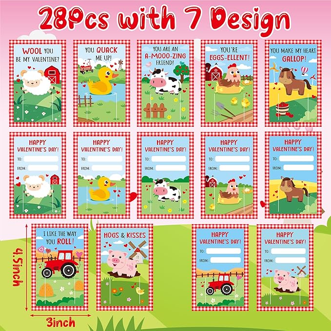 Haooryx Valentine's Exchange Gifts Bulk - 28 Pack Valentine's Day Farm Animal Slap Bracelets Inspired Greeting Cards Student Prize Activity Farmland Classroom School Kids' Multi-Item Party Favor Packs