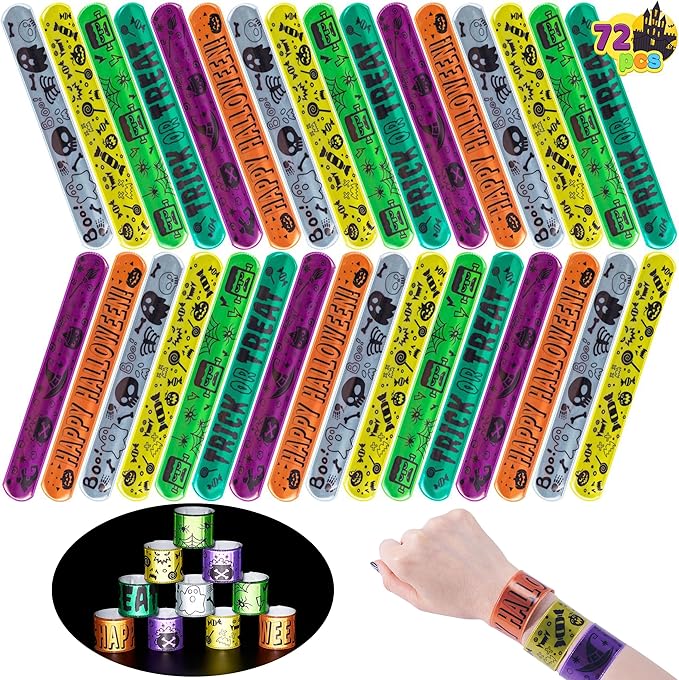JOYIN 72 Pcs Halloween Slap Bracelets, Reflective Slap Bracelets Bulk for Kids Gifts, Friendship Bracelets for Halloween Goodie Bag Fillers, Halloween Party Favors School Classroom Game Prizes