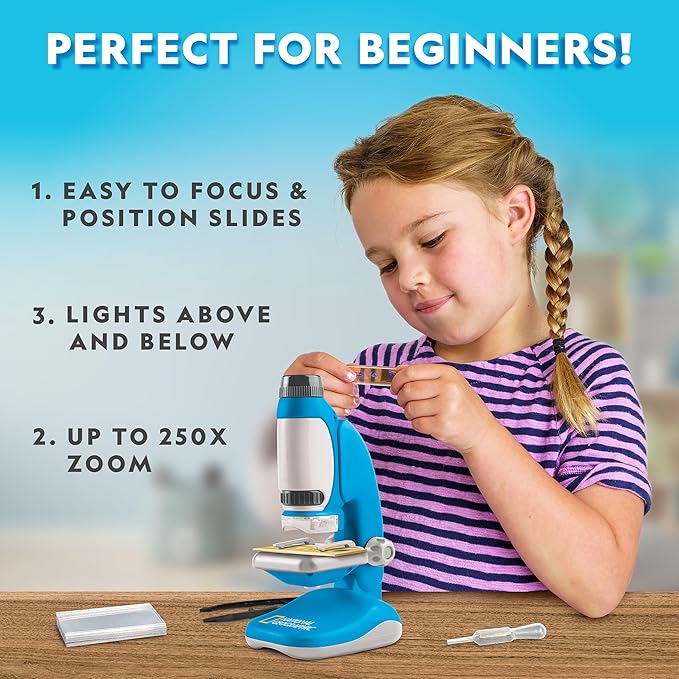 National Geographic Junior Microscope for Kids- Kit Includes Up to 250x Magnification Handheld Mini Attachment, 12 Slides, Lab Guide, Science Toy for Ages 6-12, STEM Project