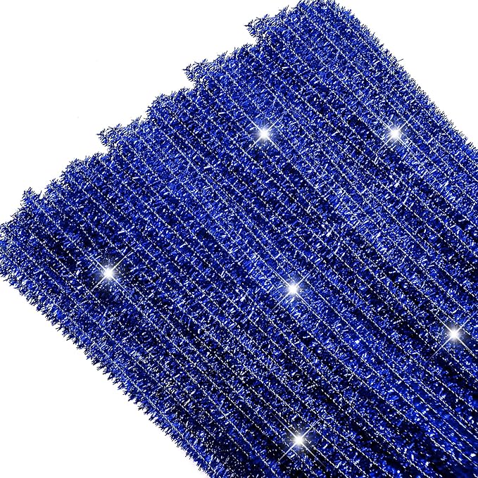 TOAOB 100pcs Christmas Glitter Pipe Cleaners Blue Metallic Pipe Cleaners Craft Supplies 6mm x 12 Inch Chenille Stems Pipe Cleaners for Art DIY Crafts Decorations