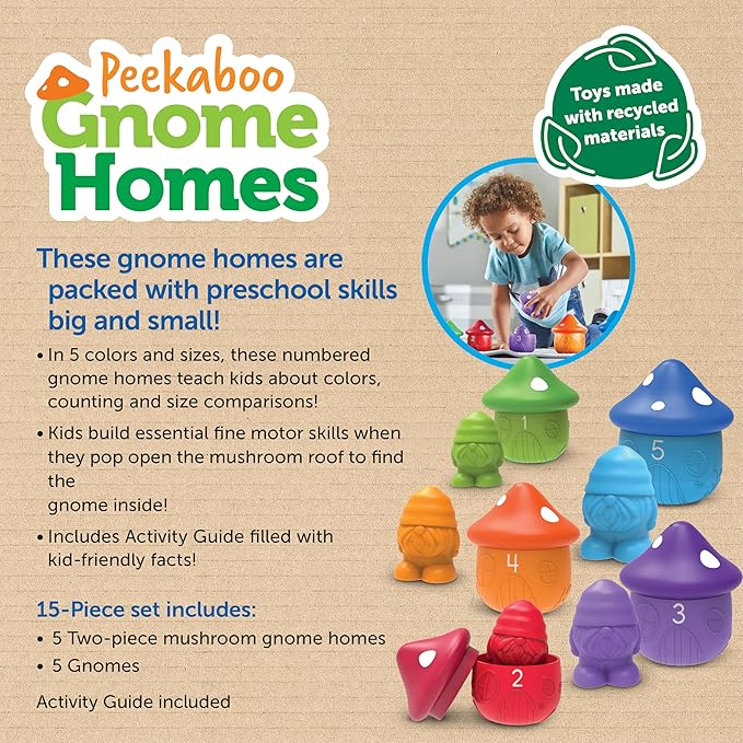 Learning Resources Peekaboo Gnome Homes , Preschool Learning Activities, Toddler Learning Toys, Montessori Toys, Sustainable Toys, Easter Toys, Ages 18 Month+,15 Pieces