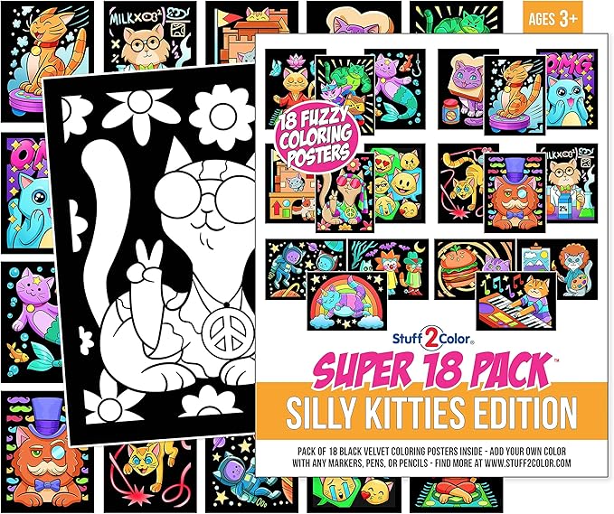 Super Pack of 18 Fuzzy Coloring Posters (Silly Kitties Edition) - Arts & Crafts for Kids, Toddlers, Girls, Boys & Adults - Great for Family Fun Activities or Coloring with Friends (1 Pack)