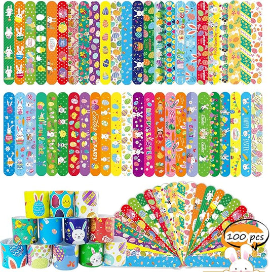 100Pcs Easter Slap Bracelets, Easter Basket Stuffers, Egg Fillers Gifts for Kids toddler boys, Easter Egg Hunt Event, Party Favors, Classroom Prizes, School Supplies