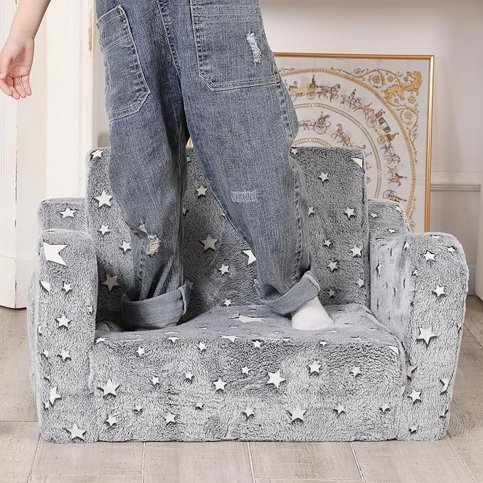 Star Glow in The Dark Toddler Couch, 2-in-1 Toddler Soft Couch Fold Out with Star Pillow, Convertible Sofa to Lounger for Girls and Boys, 1-Seat