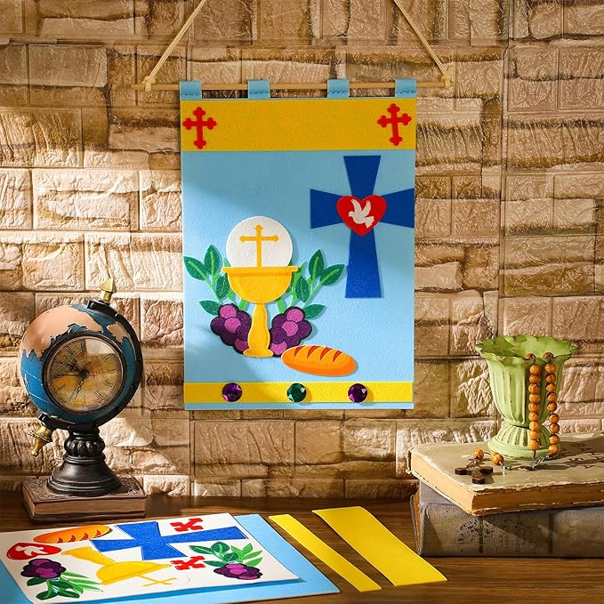 12 Set First Communion Banner Craft Kit Felt Holy 1st Communion Banner Church and Sunday School Crafts for Kids DIY Craft Supplies Decor, 9 x 12 Inches(Classic Style)