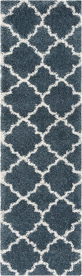 SAFAVIEH Hudson Shag Collection Runner Rug - 2'3" x 14', Slate Blue & Ivory, Trellis Design, Non-Shedding & Easy Care, 2-inch Thick Ideal for High Traffic Areas in Living Room, Bedroom (SGH282L)