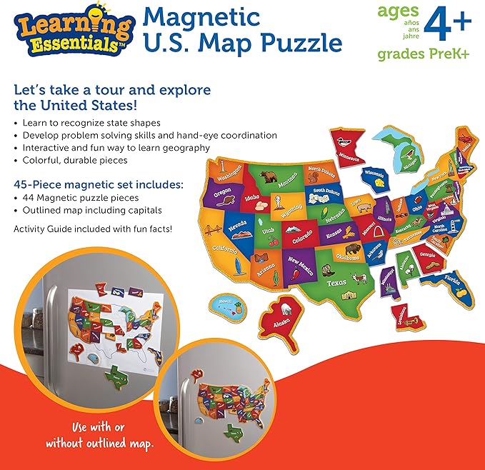 Learning Resources Magnetic US Map Puzzle - 44 Pieces, Puzzles for Kids Ages 4+, US Map for Kids Learning, Geography for Kids,Kindergartner Learning Toys