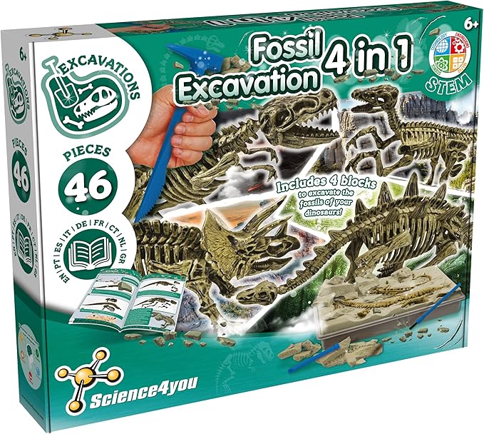 Science4you Dinosaur Fossil Excavation Kit 4 in 1 - Fossil Digging Kit for Kids, Build 4 Dinosaur Fossils, 46 Pieces, Archeology Set, Hunting Kit - Dinosaur Toys, Games for Boys and Girls Age 6+