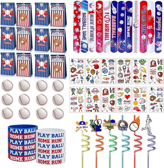 XIPEGPA 72 PCS Baseball Party Favors Set Baseball present Bags Slap Bracelets Straws Silicone Bracelets Tattoo Stickers Mini Baseballs for Goodie Bag Fillers Baseball Themed Birthday Party Supplies