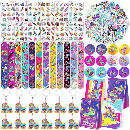 110PCS Roller Skate Party Favors with Slap Bracelets, Stickers, Key Chains, Pin Badges, Tattoos and Gift Bags for Kids Throwback 90s Hip Hop Roller Skating Birthday Party Decorations Supplies