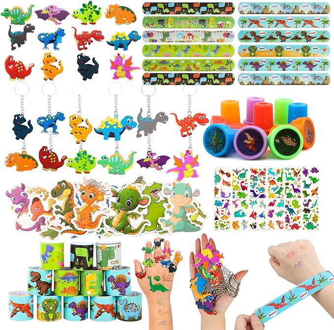 108Pcs Dinosaur Party Favors for Kids Dinosaur Party Supplies, Dinosaur Goodie Bags Fillers, Dinosaur Birthday Party Favors Included Slap Bracelet Sticker Ring Keychains Stamps