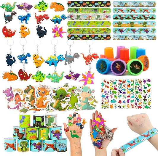 108Pcs Dinosaur Party Favors Dinosaur Stamps Slap Bracelets Keychains Rings Stickers Temporary Tattoos for Kids Birthday Party Supplies, Carnival Prizes, Prize Box Gift, Pinata Goodie Bag Fillers