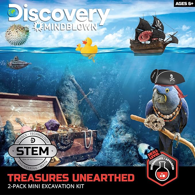 Discovery #MINDBLOWN Mini Unearthed Treasure Set, 2 Pack Excavation Kit w/Chisel, Uncover 2 Gemstones, Interactive Archaeology Geology Paleontology Experiment, Fun & Educational STEM Toy for Kids 6+