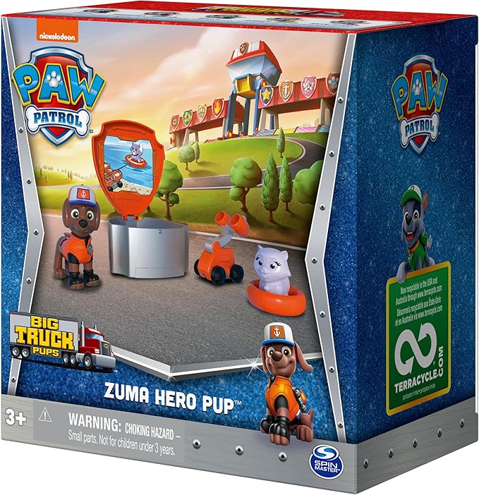 Paw Patrol, Big Truck Pups Zuma Action Figure with Clip-on Rescue Drone, Command Center Pod and Animal Friend Kids Toys Ages 3 and up