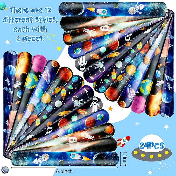 Space Slap Bracelet, 24Pcs Outer Space Kids Wristbands Bracelets with Thank You Cards Planet Themed Party Favors Gifts for Kid Birthday Party Favors Classroom Prizes Exchange (12 Styles)
