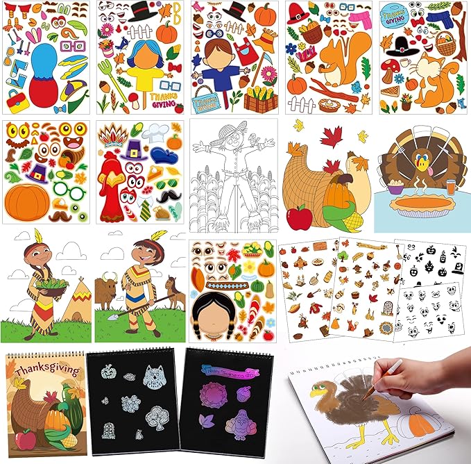 JOYIN 53 Sheets Thanksgiving Crafts Notebook with 20 Make-a-face Make A Turkey Stickers, 10 Coloring Book, 10 Scratch Cards, 5 Plain Paper and 8 Stickers Thanksgiving Party Favor Classroom Gifts
