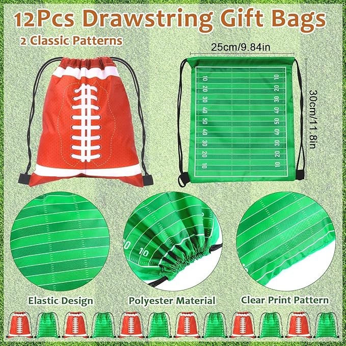 110 Pcs Football Party Favors for Kids 12 Sets Football Party Supplies Drawstring Bag Backpack with Keychains Mini Football Stress Balls Goodie Bag Stickers Toy Presents Gift Set Slaps Bracelets