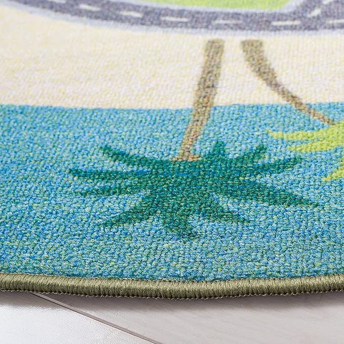 SAFAVIEH Kids Playhouse Collection Area Rug - 5' Round, Blue & Green, Non-Shedding Machine Washable & Slip Resistant Ideal for High Traffic Areas for Boys & Girls in Playroom, Nursery (KPH202M)