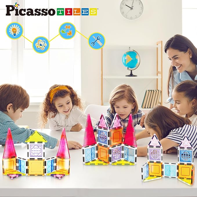 PicassoTiles Magnetic Tiles Magnet Tile Building Blocks Construction Set with 110+ Page IdeaBook Included STEM Learning Toys Toddlers Educational Fun Pretend Play Kids Boys Girls Sensory Toys Ages 3+