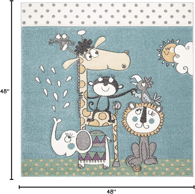 SAFAVIEH Carousel Kids Collection 4' Square Ivory/Blue CRK185A Animal Non-Shedding Nursery Playroom Area Rug