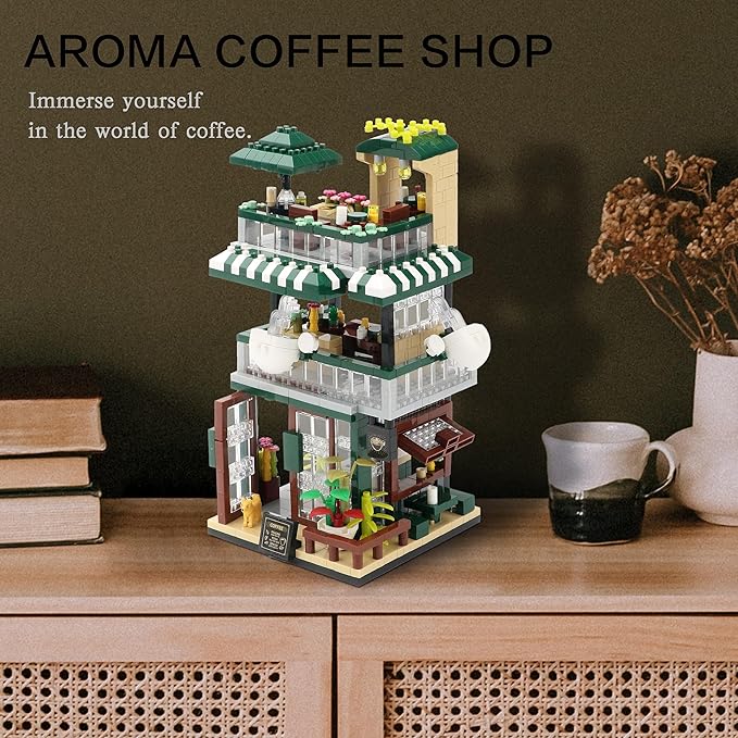 Street View Mini Building Blocks Coffee House Shop Store Building Kit Simulation Construction Educational Creative Toy for Boys Girls Age 8+ 1025 pcs