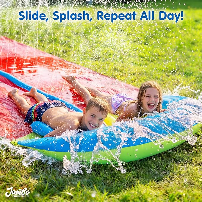 JAMBO 32FT Extra Extra Long Slip Splash and Slide, 2 Bodyboards, Heavy Duty Water Slide with Inflatable Crash Pad, Double Lane Slip Slides, Outdoor Backyard Water Slides n Toys for Kids