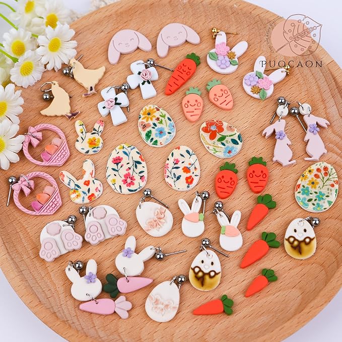 Puocaon Clay Cutters, 15 Pcs Easter Polymer Clay Earrings Kit, Resin Bunny, Carrot, Egg Shapes for Jewelry Making