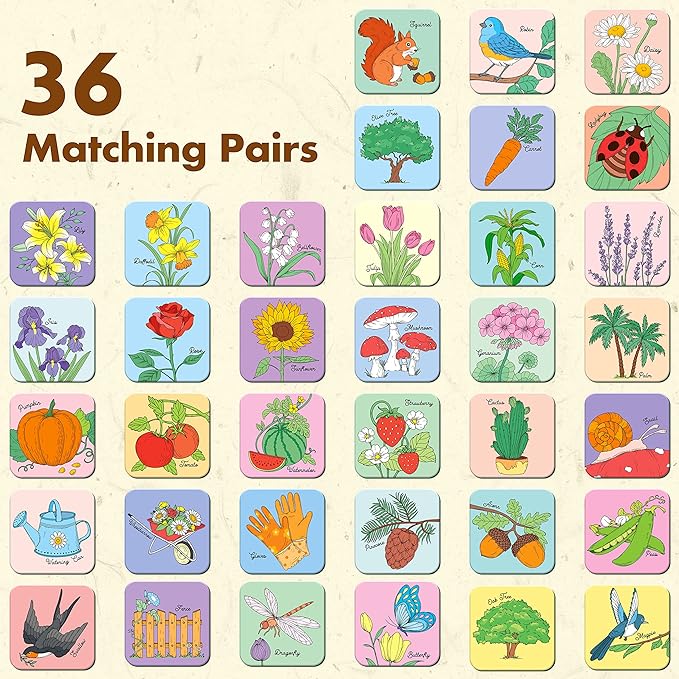 Hebayy Memory Matching Game, 72 PCS Grow A Garden Matching Cards for Toddlers 36 Designs Memory Cards Educational Toys for Preschool 4 5 6 Years Old