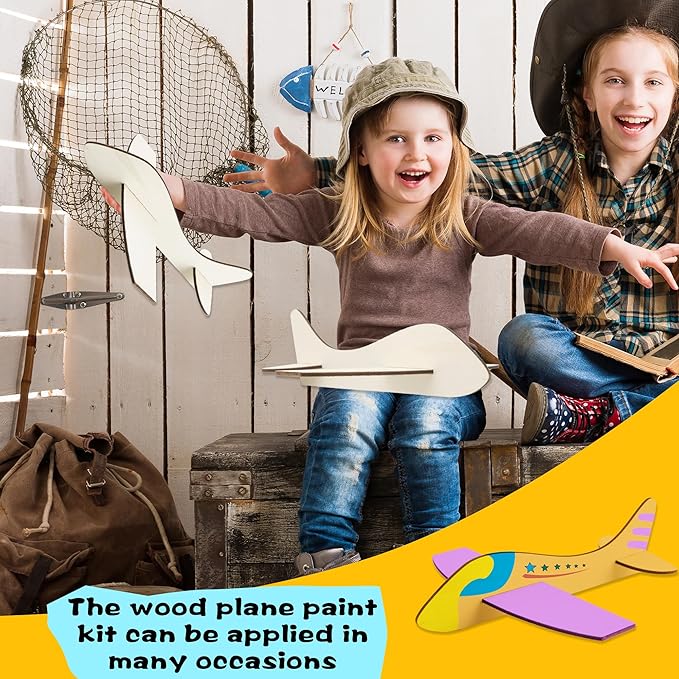 Feradny 24 Pack Unfinished Wooden Airplane Model Toys DIY Model Planes Wood Plane kit Handcraft Plane to Paint for Kids School Art Activity Birthday Carnival Party (Color Style 2)…