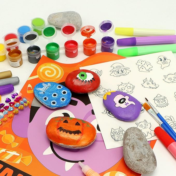 Klever Kits Halloween Rock Painting Kit for Kids, Glow in The Dark Rock Painting with Paint Tubs, Creativity Arts Crafts DIY Supplies Kit for Halloween, Kids Painting Gifts, Family Activity