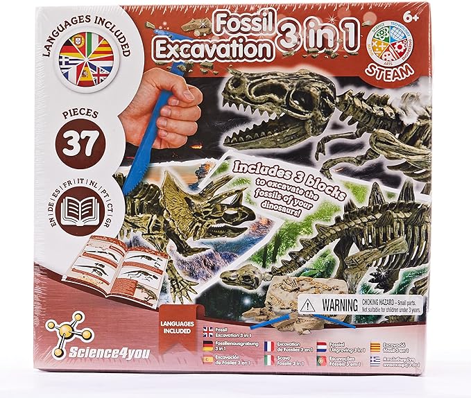 Science4you Dinosaur Fossil Excavation 3 in 1 - Fossil Digging Kit for Kids: T-Rex & Triceratops & Stegosaurus, 3 Dinosaurs Toys for Kids, 37 Pieces, Toys, Games, Gifts for 6+ Year Old Boys and Girls