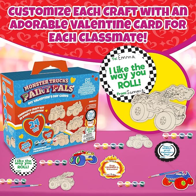 Kids Valentine's Day Cards - Monster Trucks Wood Painting Craft Kits (24ct)- Each Valentines Card Includes Craft w Paints, Brush, and Sticker- Make Classroom School Exchange Gifts Fun for Boys & Girls
