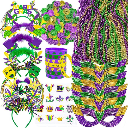 Winlyn 128 Pcs Mardi Gras Accessories Set Bulk Party Favors Supplies Mardi Gras Beads Necklaces Coins Head Boppers Bracelets Tattoos Purple Green Gold for Mardi Gras Masquerade Parade Décor