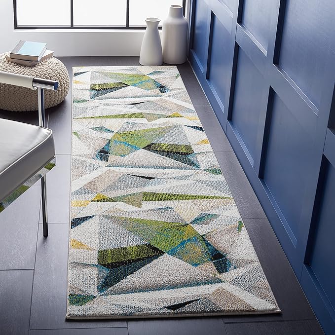 SAFAVIEH Porcello Collection Runner Rug - 2'3" x 8', Ivory & Green, Modern Abstract Design, Non-Shedding & Easy Care, Ideal for High Traffic Areas in Living Room, Bedroom (PRL6940B)