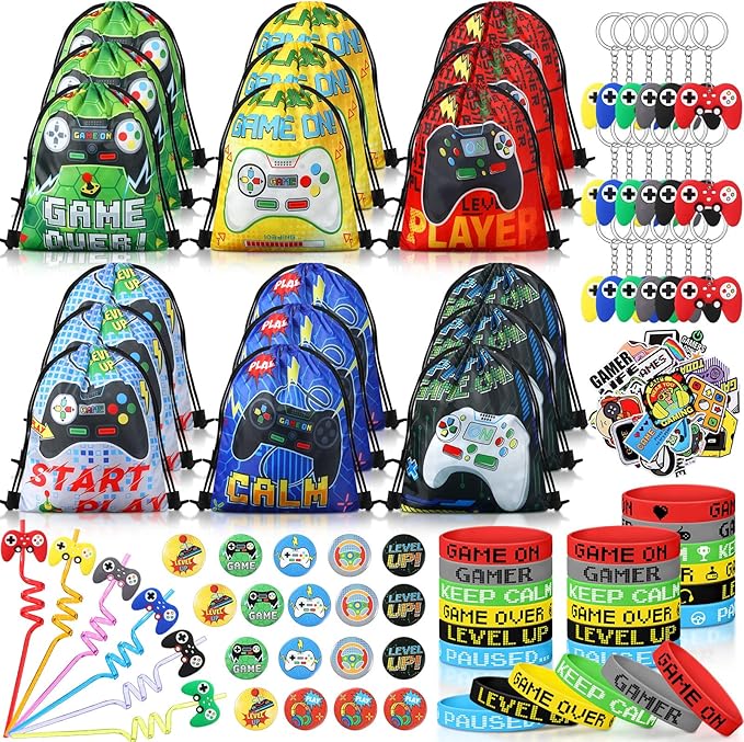 Sadnyy 140 Pcs Video Game Party Favors Birthday Party Decorations Supplies Drawstring Bags with Silicone Bracelets Keychains Straws Button Pins Stickers for Classroom Rewards Goodie Bags Stuffers