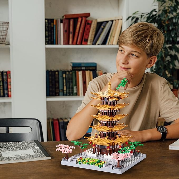 Chinese Ancient Famous Architecture Micro Building Blocks Set for Adults Yellow Crane Tower with Sakura Tree Cherry Plants, Toys for Kids Age of 14+ 2200 pcs