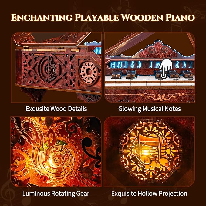 3D Wood Puzzle Piano Kit, Playable Wooden Keyboard Model with LED Lights, Interactive Craft Kit & Digital Piano Puzzle for Adults and Kids(with LED
