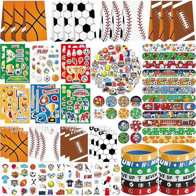 Sports Party Favors - Sports Theme Birthday Party Supplies Decorations, Gift Bags, Slap Bracelets, Rubber Bracelets, Tattoo Stickers, Button Pin, DIY Stickers for Boys Girls Kids Party Favor