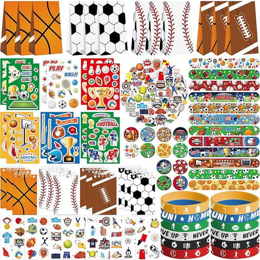 Sports Party Favors - Sports Theme Birthday Party Supplies Decorations, Gift Bags, Slap Bracelets, Rubber Bracelets, Tattoo Stickers, Button Pin, DIY Stickers for Boys Girls Kids Party Favor