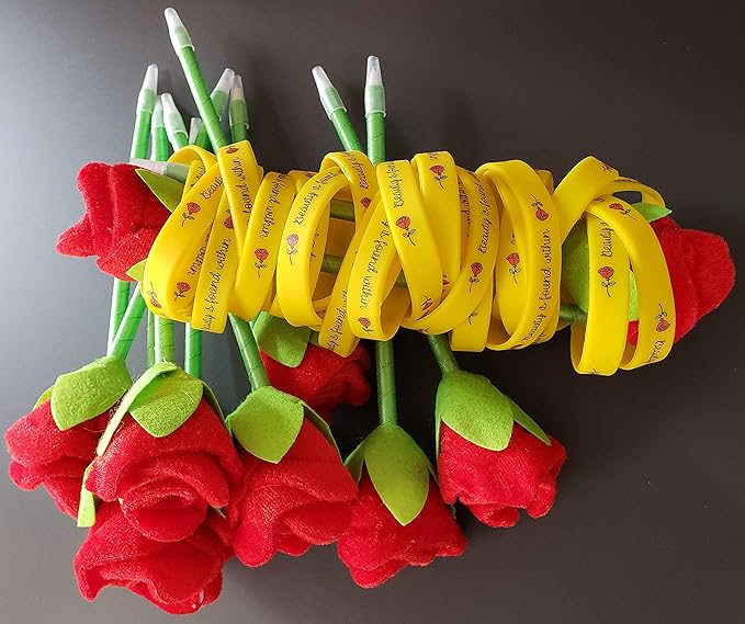 Rose Beauty Wristband Party Favors, 24 Pack Silicone Bands Beauty and the Beast Theme Bracelets for Girl Power Teens Tween Birthday Supplies Celebration Positive Message - Silicone Bracelets for Girls