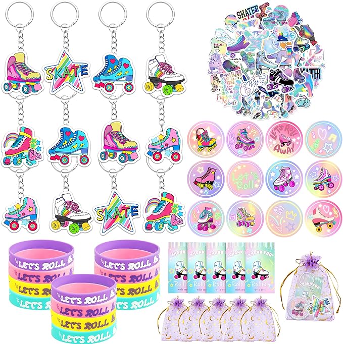 110 PCS Roller Skate Party Favors Skating Party Supplies with Key Chains Button Pins Stickers Rubber Bracelets for Hip Hop Disco 80s 90s Themed Party (style 1)