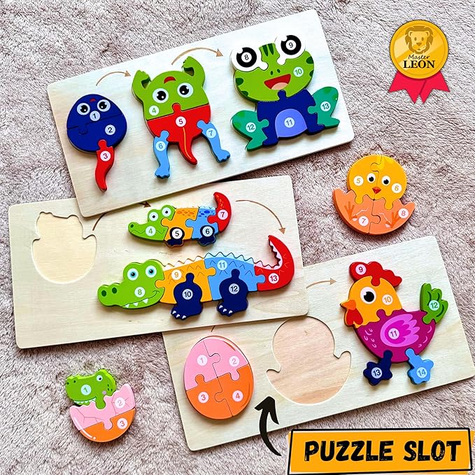 MASTER LEON - Wooden Toddler Puzzles 3-5 Year Old - Montessori Toddler Puzzle - Fine Motor Skills Toy - Animals & Vehicles Learning Games for Ages 3 4 5 (Animals (3pack))