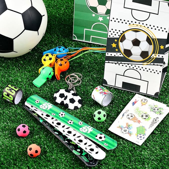 140 Pcs Soccer Party Favors Set Soccer Sticker Slap Bracelet Keychain Soccer Tattoos Soccer Fidget Toy Whistle Soccer Treat Bags with Sealing Stickers for Teens Adults Soccer Themed Party Supplies