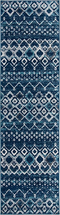 SAFAVIEH Amsterdam Collection Runner Rug - 2'3" x 12', Navy & Beige, Moroccan Boho Design, Non-Shedding & Easy Care, Ideal for High Traffic Areas in Living Room, Bedroom (AMS108N)