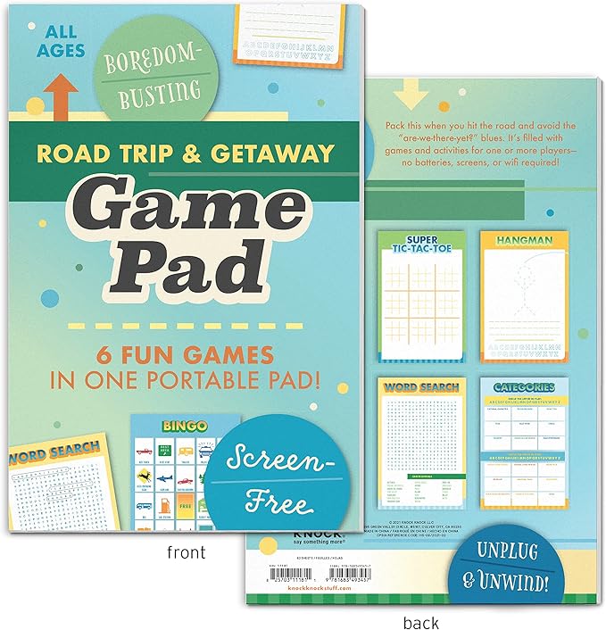 Knock Knock Roadtrip & Getaway On-The-Go Game Pad, Travel Car Activities for Kids, 6 Games (Sudoku, Super Tic-Tac-Toe, Hangman, Bingo, Word Search, Categories), 6 x 9-inches